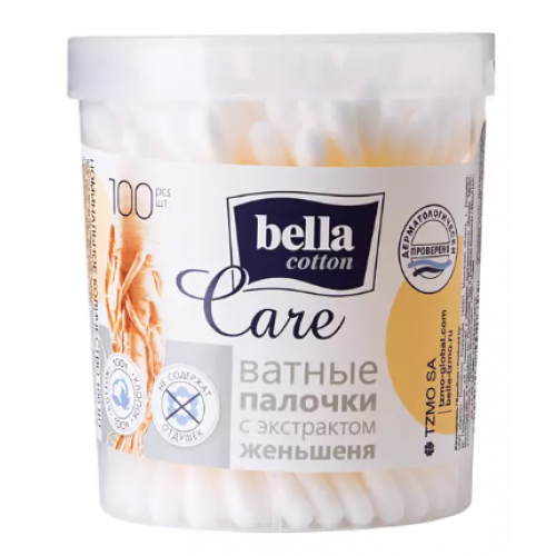 Белла ватные палочки Cotton Care экстракт женьшеня в круглой пластиковой коробке, 100 шт.